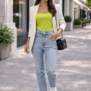 ZARA Lime Green Square Neck Bodysuit | Stretchy Minimal Chic | Size S